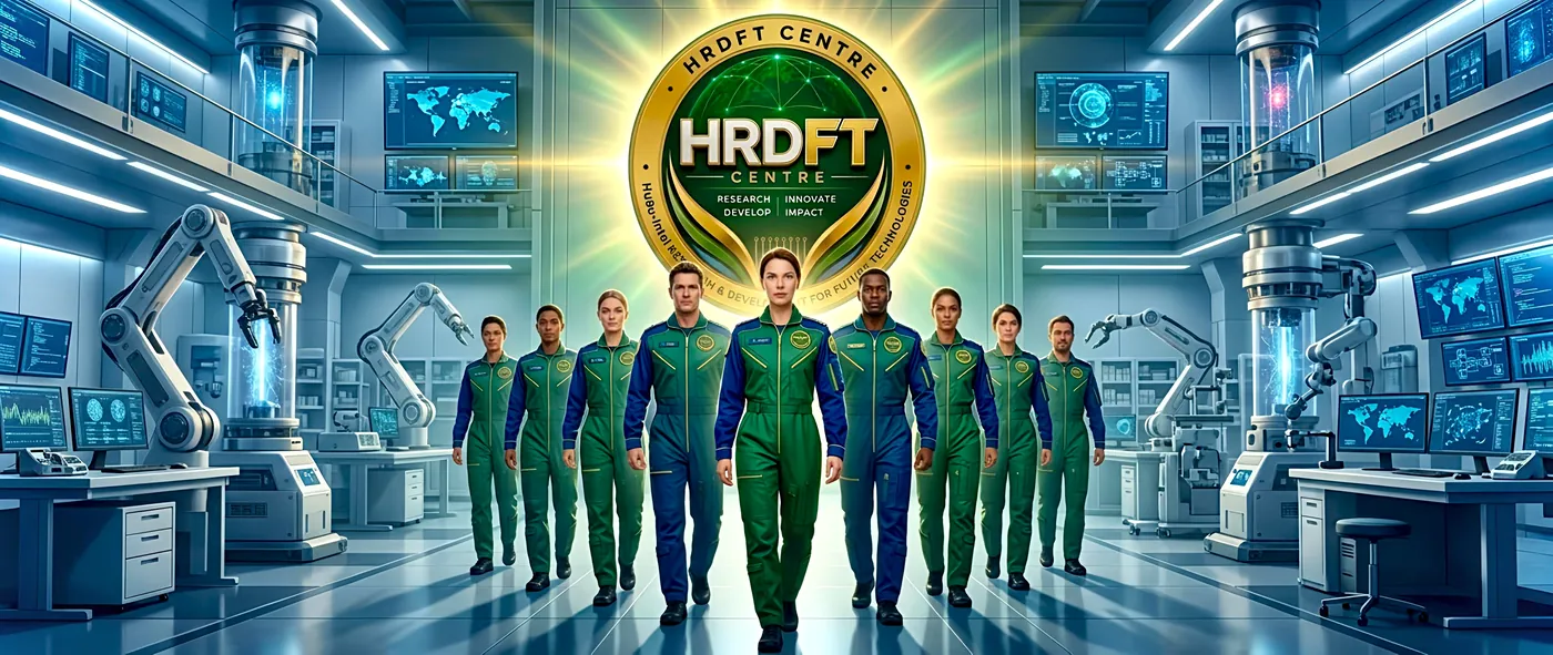 Our vision for the future HRDFT Centre team, in the team uniform, in a research laboratory